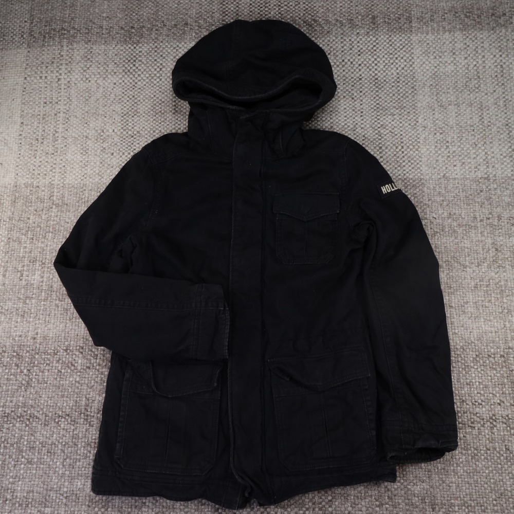 Hollister Mens Black Hooded Field Jacket Quilted Lining Utility Parka Small